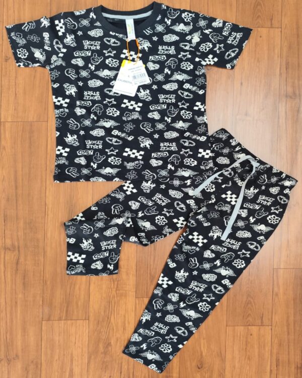 Half White Word Print Black Kids Casual Co-ord Pant Set