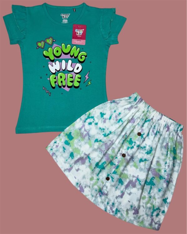 Jungle Green Girls T-Shirt & White Skirt with Jungle Green Cotton Casual Wear