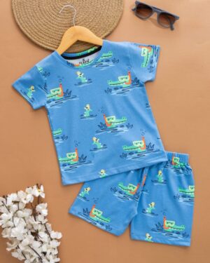 Kids Air Force Blue with Pond Theme Print T-Shirt & Shorts Set – Cotton Casual Wear
