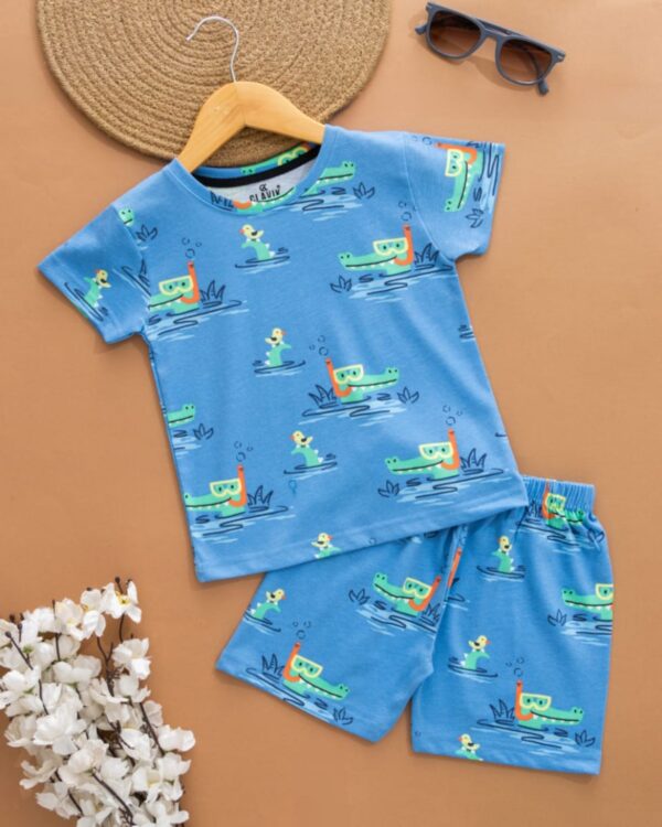 Kids Air Force Blue with Pond Theme Print T-Shirt & Shorts Set – Cotton Casual Wear