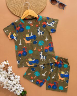 Kids Army Green with Jungle Theme Print T-Shirt & Shorts Set – Cotton Casual Wear
