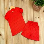 Kids Cherry Red Curve Checked T-Shirt & Shorts Set – Cotton Casual Wear