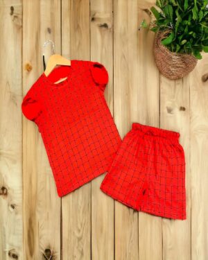Kids Cherry Red Curve Checked T-Shirt & Shorts Set – Cotton Casual Wear