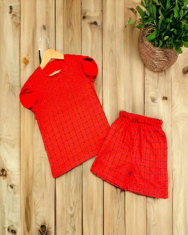 Kids Cherry Red Curve Checked T-Shirt & Shorts Set – Cotton Casual Wear
