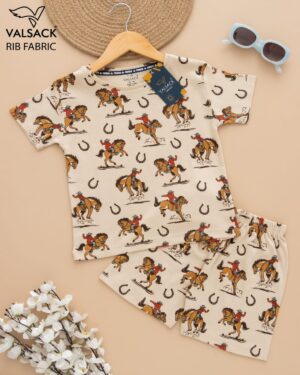Kids Cream with Horse Ride Print T-Shirt & Shorts Set – Cotton Casual Wear