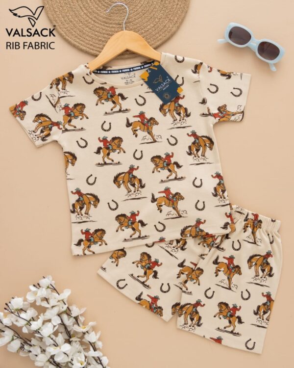 Kids Cream with Horse Ride Print T-Shirt & Shorts Set – Cotton Casual Wear