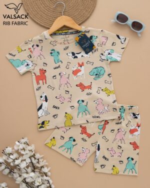 Kids Cream with Puppy Print T-Shirt & Shorts Set – Cotton Casual Wear