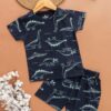 Kids Dark Oxford Blue with Dino Print T-Shirt & Shorts Set – Cotton Casual Wear