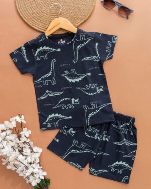 Kids Dark Oxford Blue with Dino Print T-Shirt & Shorts Set – Cotton Casual Wear