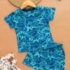 Kids Dark Peacock Blue with Turquoise Dino Print T-Shirt & Shorts Set – Cotton Casual Wear