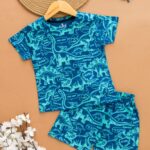 Kids Dark Peacock Blue with Turquoise Dino Print T-Shirt & Shorts Set – Cotton Casual Wear