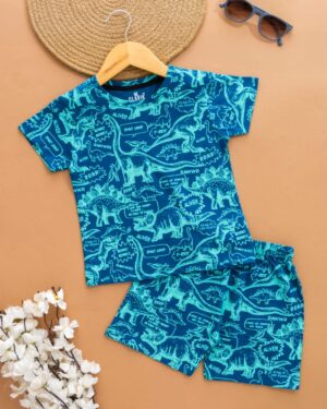 Kids Dark Peacock Blue with Turquoise Dino Print T-Shirt & Shorts Set – Cotton Casual Wear