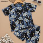 Kids Glaucous Blue with Black Tree Print T-Shirt & Shorts Set – Cotton Casual Wear