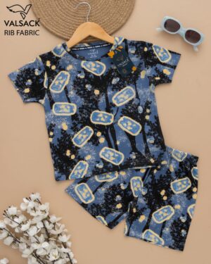 Kids Glaucous Blue with Black Tree Print T-Shirt & Shorts Set – Cotton Casual Wear