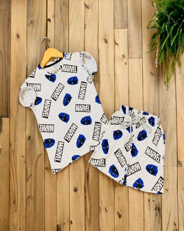 Kids Ice White with Blue Spider Mask Print T-Shirt & Shorts Set – Cotton Casual Wear