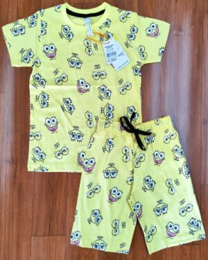 Kids Lemon Yellow with Cartoon Print T-Shirt & Shorts Set – Cotton Bio-Wash Casual Wear