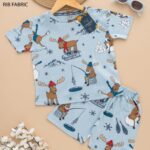 Kids Light Blue with Horse Cartoon Print T-Shirt & Shorts Set – Cotton Casual Wear