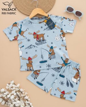 Kids Light Blue with Horse Cartoon Print T-Shirt & Shorts Set – Cotton Casual Wear