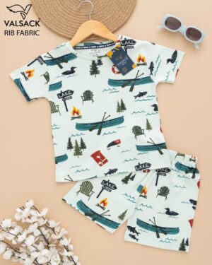 Kids Menta Green with Boat Print T-Shirt & Shorts Set – Cotton Casual Wear