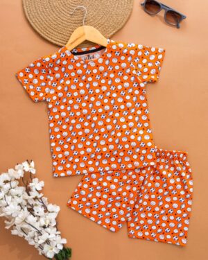 Kids Orange with Football Print T-Shirt & Shorts Set – Cotton Casual Wear