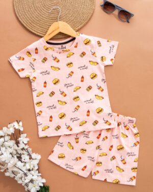 Kids Peach Checked with Junk Food Print T-Shirt & Shorts Set – Cotton Casual Wear