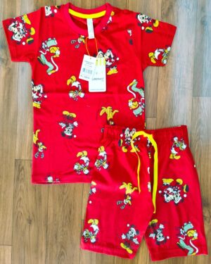 Kids Pure Red Dancing Cartoon Print T-Shirt & Shorts Set – Cotton Bio-Wash Casual Wear