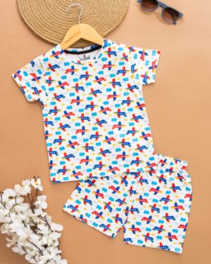 Kids White with Aircraft Print T-Shirt & Shorts Set – Cotton Casual Wear
