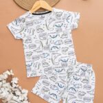Kids White with Dino Print T-Shirt & Shorts Set – Cotton Casual Wear