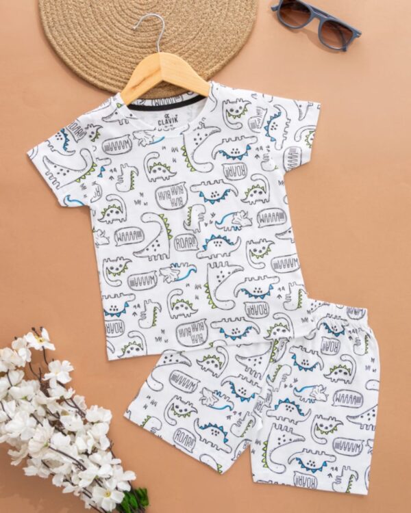 Kids White with Dino Print T-Shirt & Shorts Set – Cotton Casual Wear