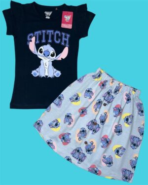 Pale Blue Birdie Design Navy Blue Girls Cotton T-Shirt & Skirt Set