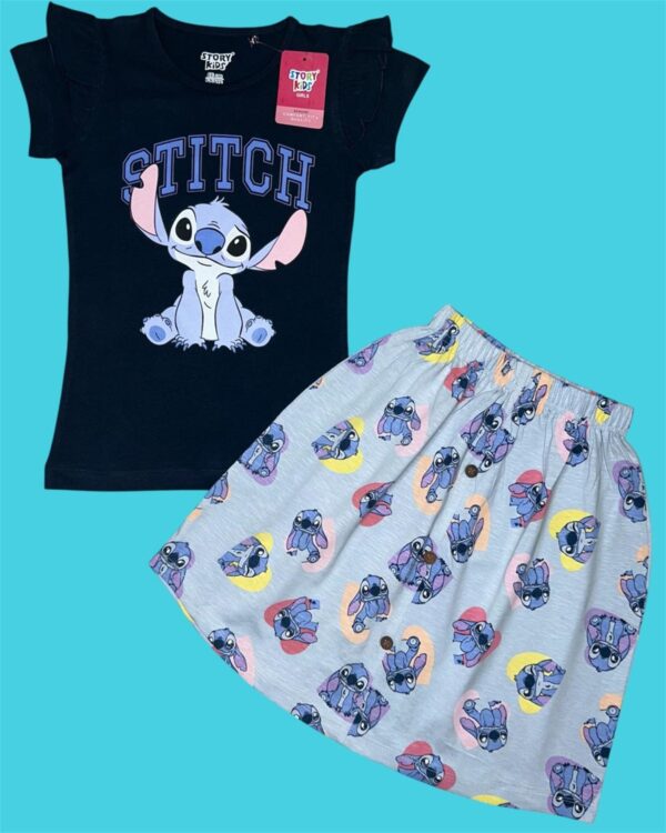 Pale Blue Birdie Design Navy Blue Girls Cotton T-Shirt & Skirt Set