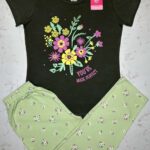 Perfectly Floral Confidence Girls’ Pyjama Set – Dark Seaweed Green T-Shirt & Pastel Green Printed Pyjama