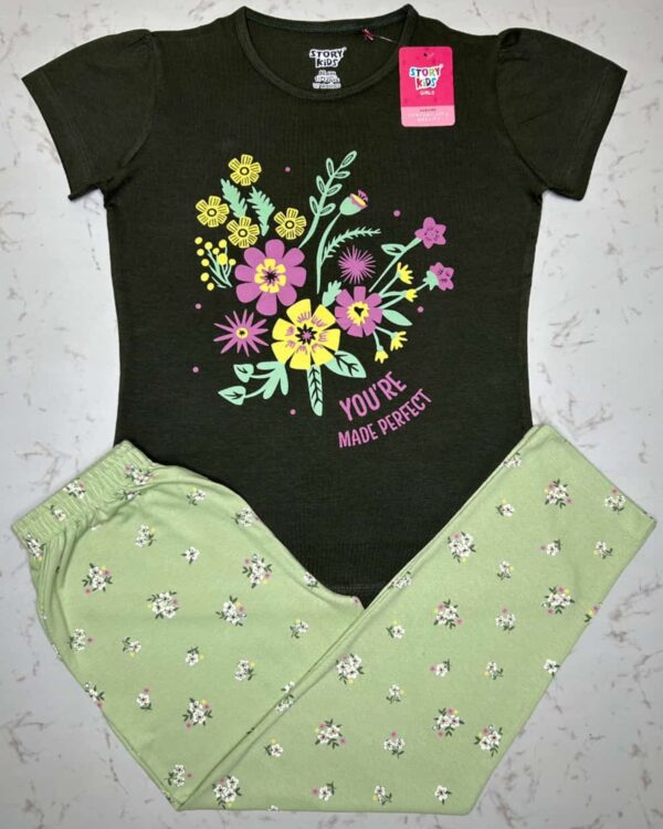 Perfectly Floral Confidence Girls’ Pyjama Set – Dark Seaweed Green T-Shirt & Pastel Green Printed Pyjama