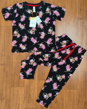 Pink & Red Cartoon Print Black Kids Casual Co-ord Pant Set