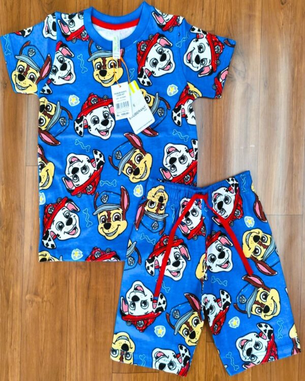 Puppy Patrol Playtime Set – Blue T-Shirt & Shorts with Cartoon Puppy Faces Print