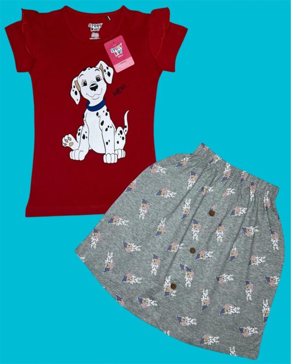 Red Dog Print Girls T-Shirt & Ash Printed Skirt Cotton Casual Wear