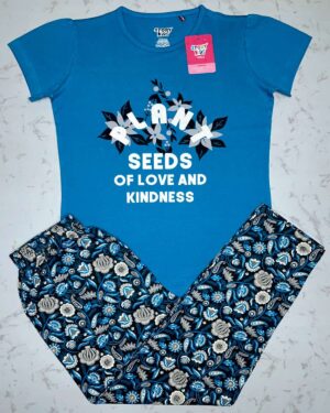 Seeds of Kindness Floral Girls’ Pyjama Set – Jade Blue T-Shirt & Black Printed Pyjama
