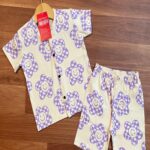Smiley Flower Purple & White Kids Front Open Co-ord Shorts Set