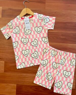 Smiley Hearts Pink Checks Kids Everyday Wear Co-ord Shorts Set