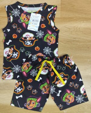 Spooky Pup Sleeveless Halloween Co-ord Set – Black Cartoon Dog & Festive Print