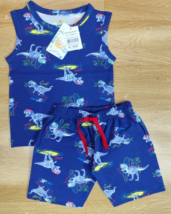 Surf Saurus Sleeveless Co-ord Set – Navy Blue Cartoon Dinosaur Surf Print
