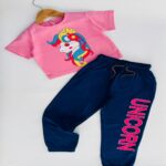 Unicorn Princess Chic Candy Pink Crop Top & Blue Joggers Set