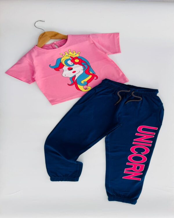 Unicorn Princess Chic Candy Pink Crop Top & Blue Joggers Set