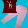 Wild & Free Deer Adventure Girls’ Pyjama Set – Ruby Maroon T-Shirt & Baby Pink Printed Pyjama
