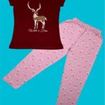 Wild & Free Deer Adventure Girls’ Pyjama Set – Ruby Maroon T-Shirt & Baby Pink Printed Pyjama