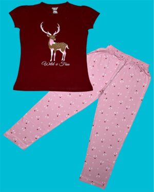 Wild & Free Deer Adventure Girls’ Pyjama Set – Ruby Maroon T-Shirt & Baby Pink Printed Pyjama