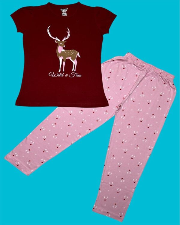 Wild & Free Deer Adventure Girls’ Pyjama Set – Ruby Maroon T-Shirt & Baby Pink Printed Pyjama