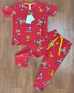Yellow Dog & Green Mickey Cartoon Print Red Kids Casual Co-ord Pant Set