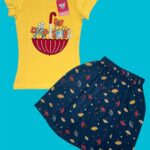 Yellow Umbrella Print Girls T-Shirt & Navy Blue Printed Skirt Cotton Casual Wear