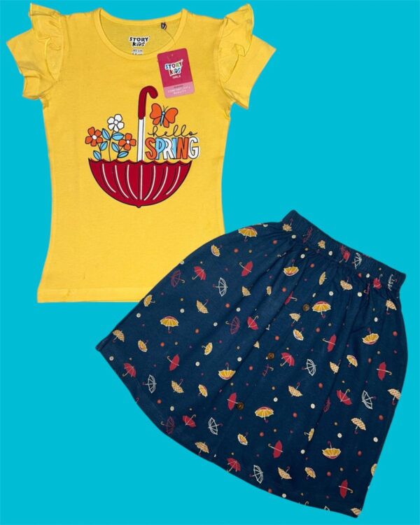 Yellow Umbrella Print Girls T-Shirt & Navy Blue Printed Skirt Cotton Casual Wear